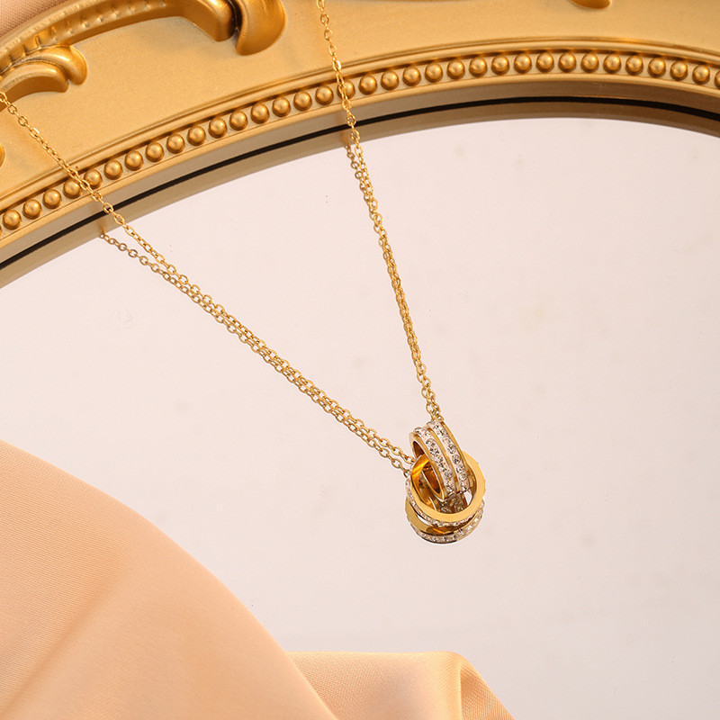 Japanese and Korean New Style Titanium Steel Full Diamond Rose Gold Double Ring Necklace for Women Simple Super Shiny Two-Layer Diamond Collarbone Chain Pendant Wholesale