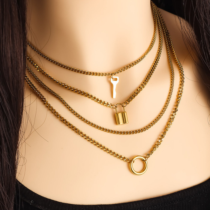 Retro Multi-layer Necklace Creative Fashion Round Ring Lock Sweater Chain Foreign Trade Personality Thick Chain Clavi...