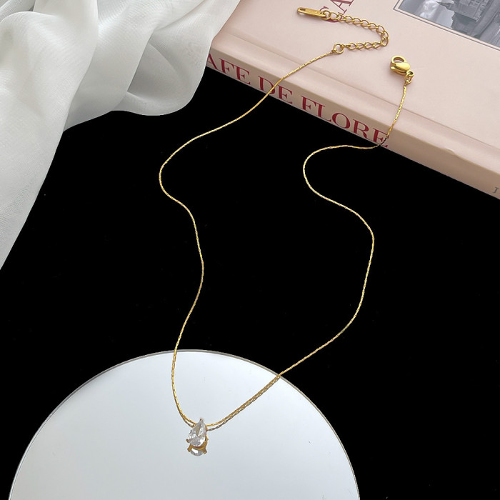 Single Stone Pear-Shaped Water Drop Necklace Titanium Steel 18K Gold Plated Non-Fading Simple Exquisite Collarbone...