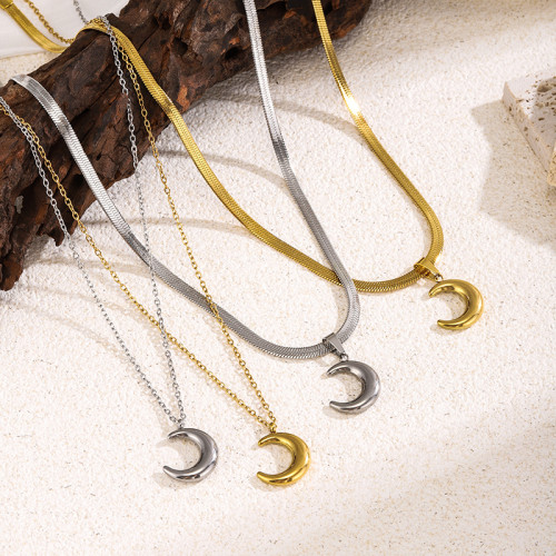 Minimalist Crescent Titanium Steel Necklace 18K Gold Plated Flat Snake Bone Chain Personalized Moon Necklace for Women Stainless Steel Choker