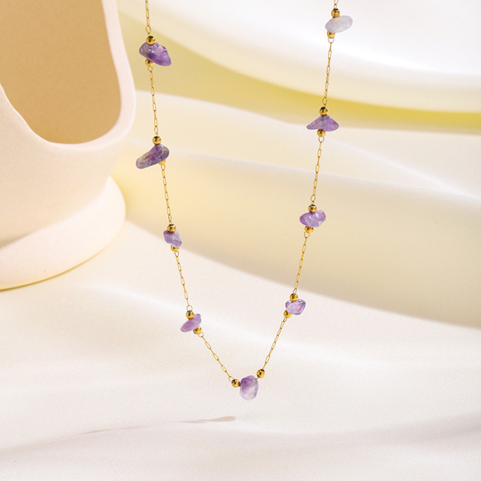 Hot Sale Fashion Simple Light Luxury Stainless Steel 18K Gold Plated Natural Stone Handmade Chain Necklace for Women
