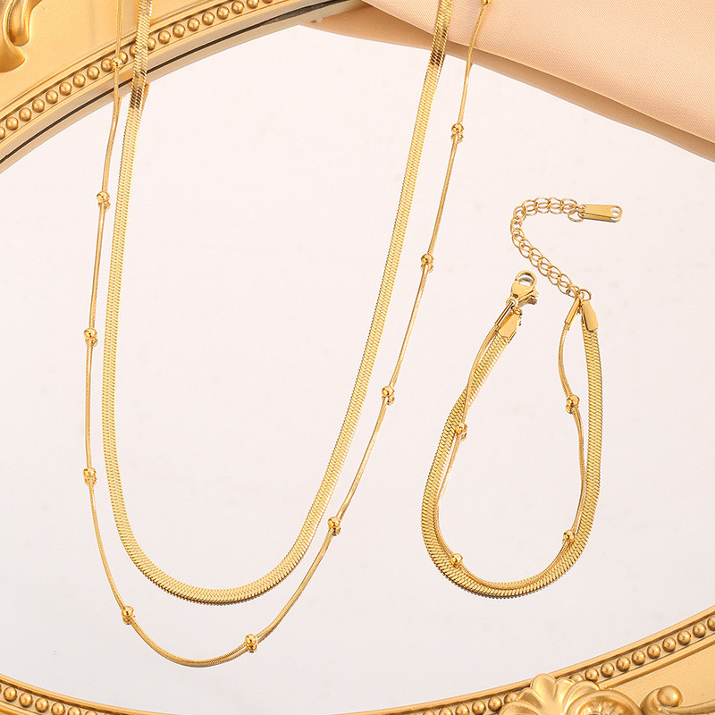 Cross-Border Wholesale Retro Simple Double-Layer Gold Bead Titanium Steel Necklace Light Luxury High-End Fashion Collarbone Chain Jewelry