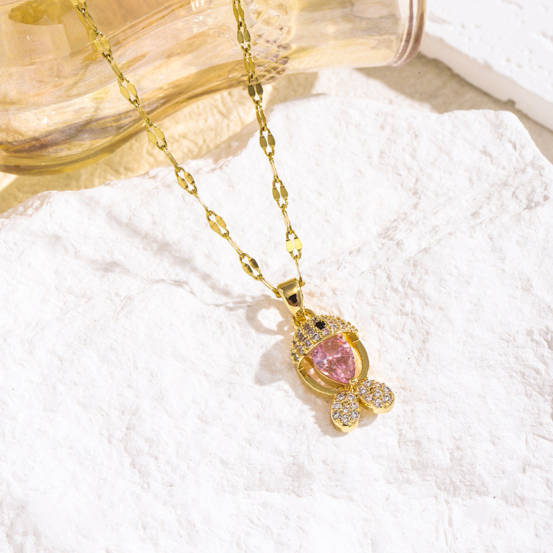 Japanese and Korean Style Internet Celebrity Pink Small Fish Zircon Niche New Design Cute Animal Pendant Elegant Titanium Steel Necklace