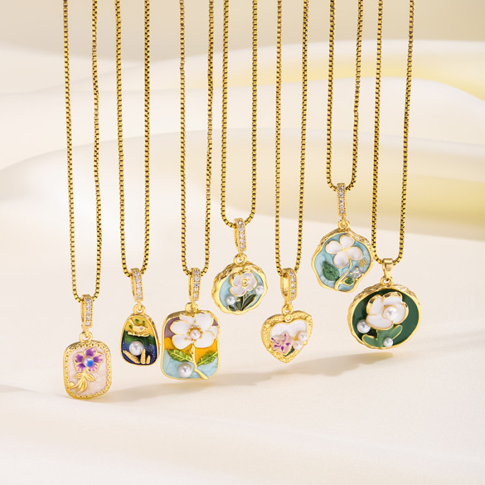 New Oil Painting Style Color-Block Three-Dimensional Inlaid Necklace Fashion Design High-End Light Luxury Versatile Glaze Flower Collarbone Chain