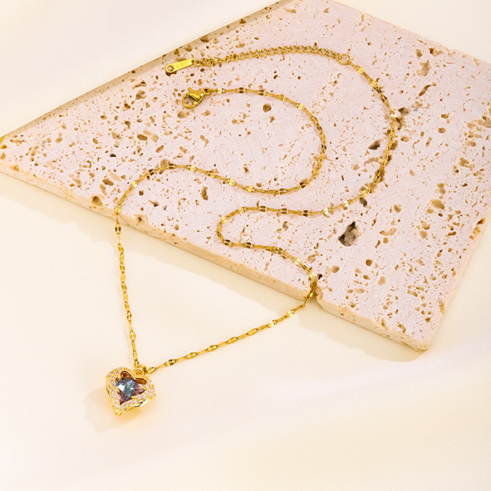 Ocean Heart Love Colorful Water Gold Pendant Titanium Steel Necklace for Women Non-Fading Jewelry Wholesale