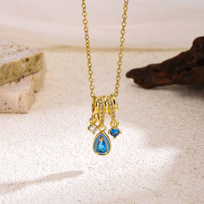European and American Cross-Border Blue Tears Water Drop Tassel Zircon Titanium Steel Necklace for Women Fashionable Light Luxury Elegant High-End Clavicle Chain