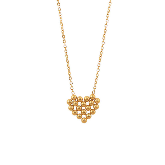 Korean Style Personality Trend Niche Popular Titanium Steel Gold Plated Heart Bead Necklace Earrings Jewelry Set Whol...