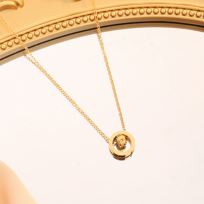 Japanese and Korean Hot-Selling New Simple Versatile Internet Celebrity Double Ring Roman Diamond Fortune Bead Rose Gold Short Collarbone Necklace for Women