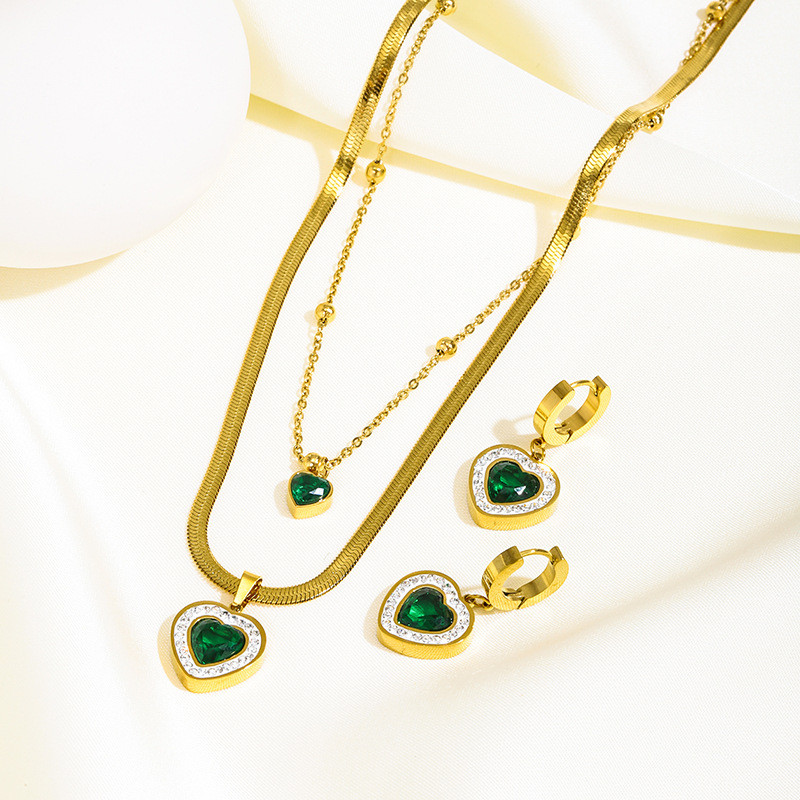 Cross-Border Fashion Vintage Style Diamond-Studded Emerald Heart Accessories Chain Stainless Steel Bracelet Earrings Necklace Set