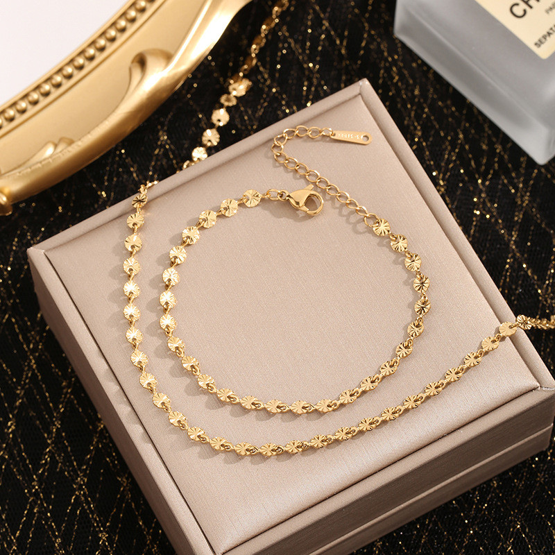 2024 New European and American Cross-Border Metal Round Disc Pattern Titanium Steel Necklace Bracelet Set Non-Fading Hand Rope