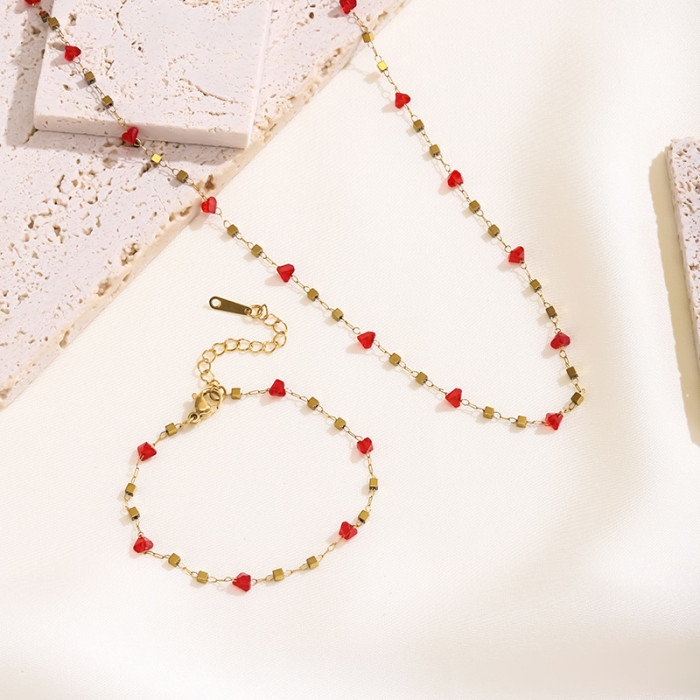 Fashion High-End Stainless Steel Inlaid Red Heart Zircon Necklace Set Niche Creative Jewelry for Women