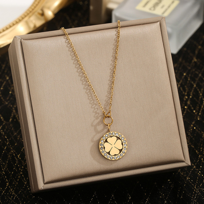 Cross-Border Hot Selling Four-Leaf Clover Inlaid Diamond Necklace for Women, Collarbone Chain, Titanium Steel, Simple and Luxurious, Niche Lucky Clover Versatile Jewelry
