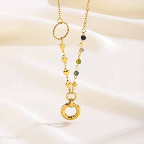 Cross-Border European and American Light Luxury High-End Beaded Splicing Stainless Steel Chain Round Pendant Gold Women's Versatile Necklace Trend