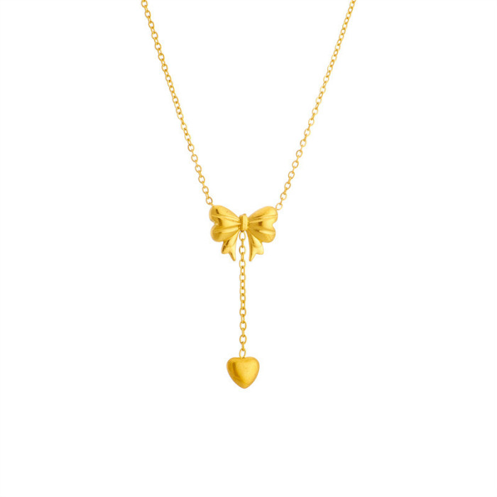 Titanium Steel Runaway Princess Tassel Heart Bow Necklace for Women Non-Fading Ins TikTok Hot Fashion Collarbone Chain