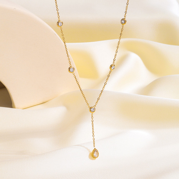 INS Internet Celebrity Style Light Luxury Stone-Inlaid 18K Gold Stainless Steel Necklace Non-Fading Titanium Steel...