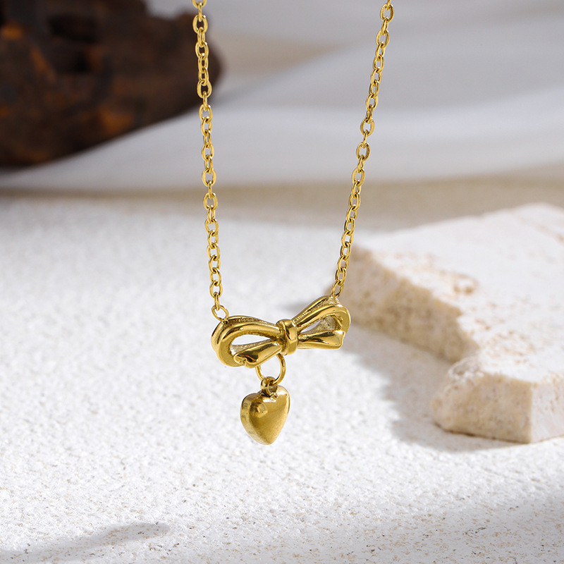 Fansiya Titanium Steel Bowknot Heart Necklace Light Luxury Versatile Internet Celebrity Collarbone Chain Non-Fading Heart-Shaped Earrings Set