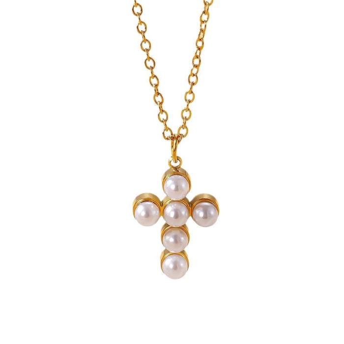 French Style Imitation Pearl Cross Light Luxury Pendant Necklace Niche Design Fashion Versatile Collarbone Chain Jewelry Wholesale
