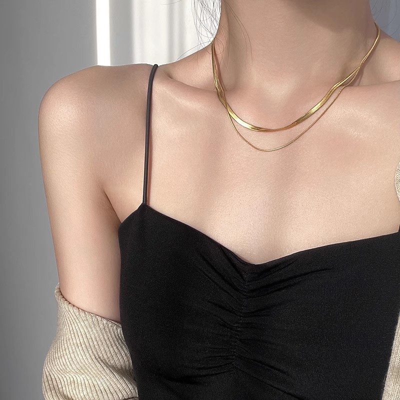 European and American Double Layer Stacked Titanium Steel Snake Bone Chain Niche Design Sense Silver Necklace for Women Minimalist Style Clavicle Chain Hip Hop Accessories