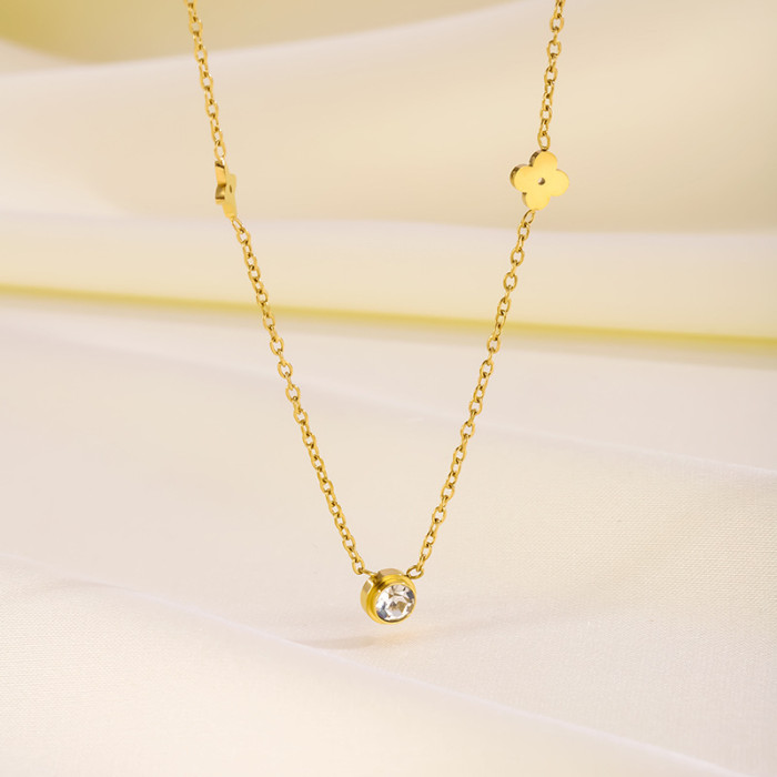 Cross-Border New Luxury Flower Single Diamond Multi-Flower Titanium Steel Non-Fading Necklace for Women Versatile Four-Leaf Clover Collarbone Chain Ins