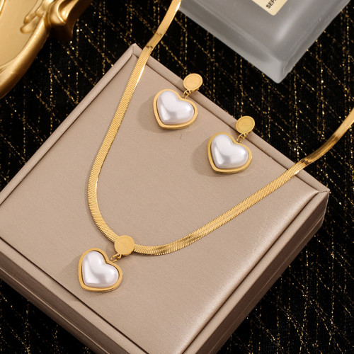 European and American Cross-Border Hot-Selling High-End Pearl Heart Titanium Steel Necklace Light Luxury Versatile Earrings Simple Minimalist Style Ear Jewelry