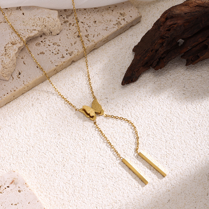 Korean Style Trendy Light Luxury Niche Versatile Elegant Tassel Butterfly Titanium Steel Necklace for Women Simple Fashion Design Accessories