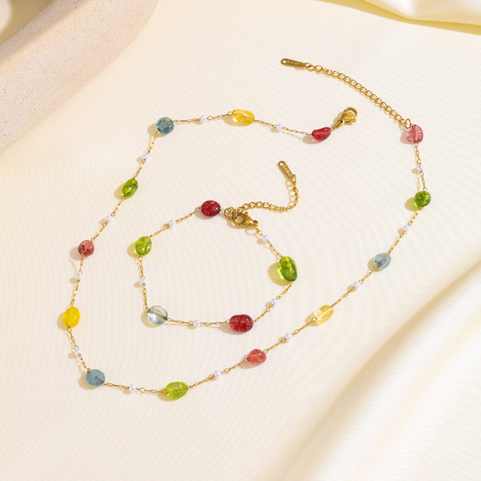 New Fashion Personality Niche Titanium Steel Gold Plated Natural Stone Pendant Handmade Beaded Necklace Simple Jewelr...