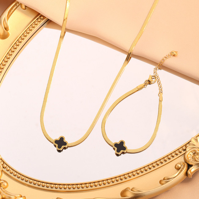 Full Titanium Steel Simple Blade Chain Four-Leaf Clover Necklace for Women Fashionable Elegant Niche Design Sense Light Luxury Bracelet Set