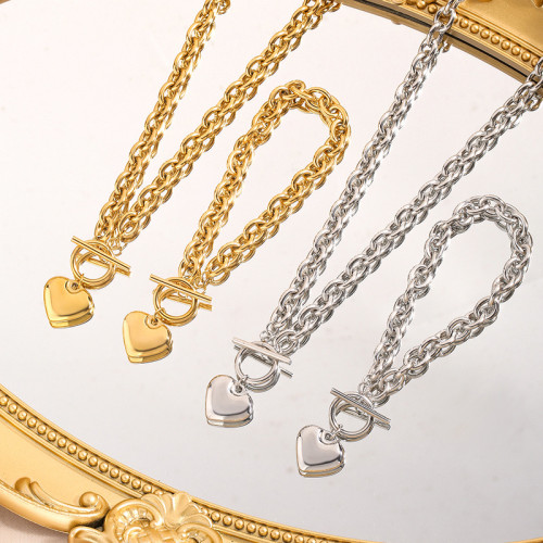Cross-Border New Ins Simple Popular OT Buckle Glossy Titanium Steel Necklace Versatile Heart Pendant Bracelet Set Accessories