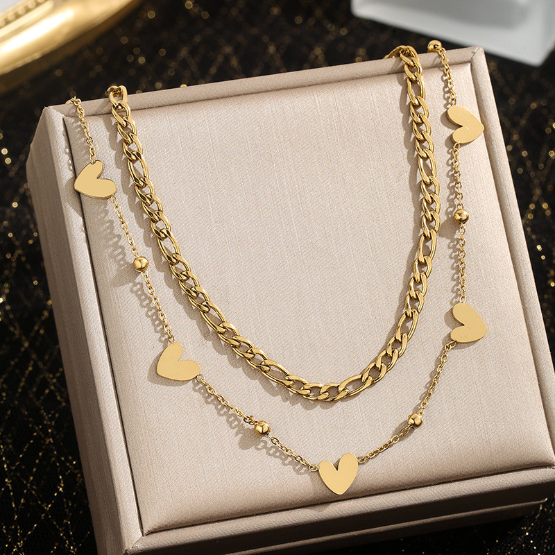 Cross-Border Versatile Double-Layer Stacked Heart Necklace Fashion Cross-Border Stainless Steel Elegant Stainless Steel Metal Gold-Plated Chain