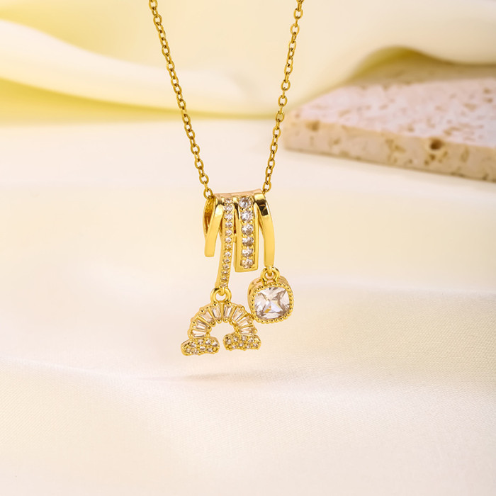 Cross-Border Hot Selling Copper Plated Real Gold Pendant Light Luxury Micro Inlaid Zircon Rainbow Butterfly Necklace Elegant High-End Simple Accessories