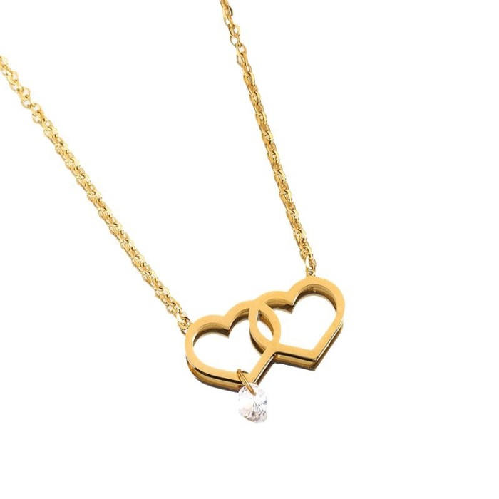 Cross-Border New Heart Double Ring Diamond Minimalist Style Real Gold Titanium Steel Necklace for Women Ins Style Collarbone Chain Accessories