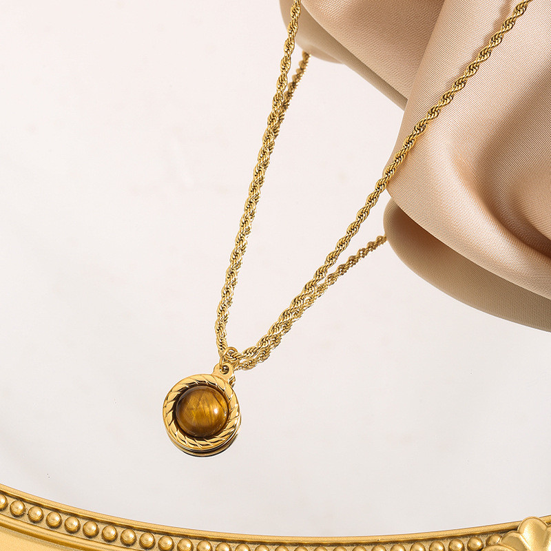 Cross-Border Hot Selling Natural Tiger Eye Stone Vintage Braided Titanium Steel Necklace for Commuting and Traveling Simple Elegant Jewelry Wholesale