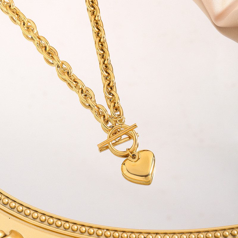 Cross-Border New Ins Simple Popular OT Buckle Glossy Titanium Steel Necklace Versatile Heart Pendant Bracelet Set Accessories