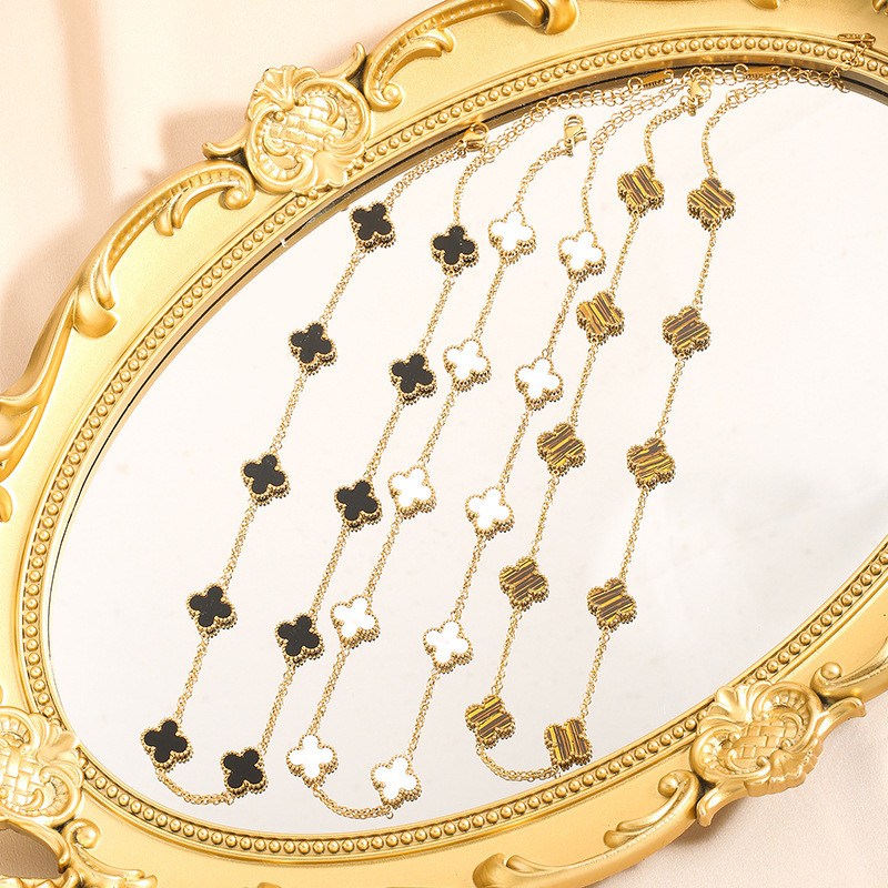 Cross-Border Hot-Selling Ten-Flower Sweater Chain Double-Sided Four-Leaf Clover Titanium Steel Necklace Light Luxury Simple Flower Pendant Collarbone Chain