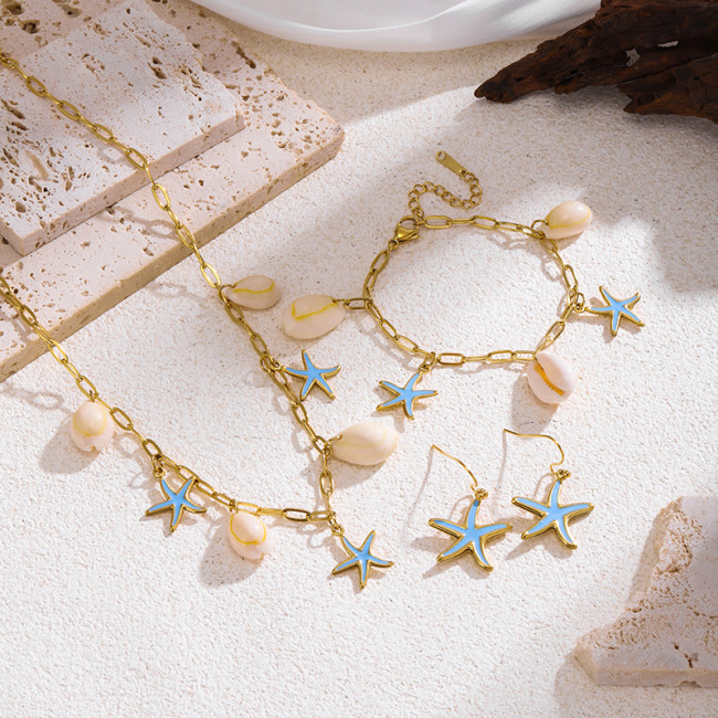 European and American Cross-Border New Starfish Shell Necklace Set Fashion Versatile Bracelet High-End Feel Women's Summer Niche Earrings