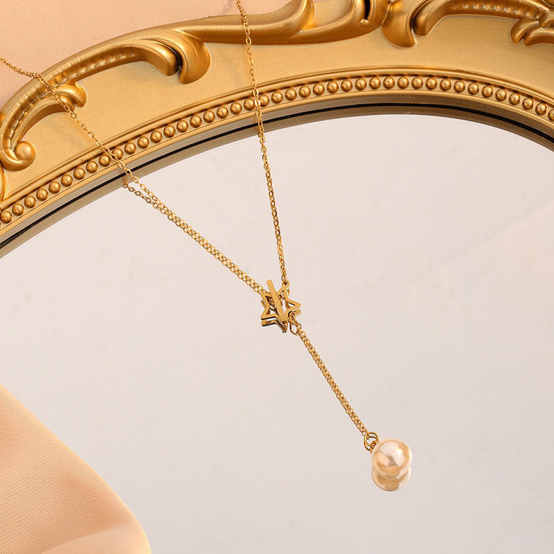 Korean Style Elegant Simple Gentle Jewelry High Gloss Shell Pearl Pendant Star-shaped OT Buckle Design Versatile Titanium Steel Gold-plated Necklace