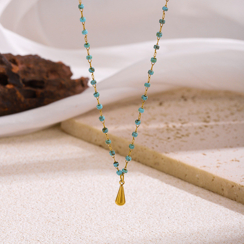 Vintage Niche Rice Bead Turquoise Water Drop Titanium Steel Necklace for Women, Light Luxury Fashion New High-end Sense Layered Collarbone Chain