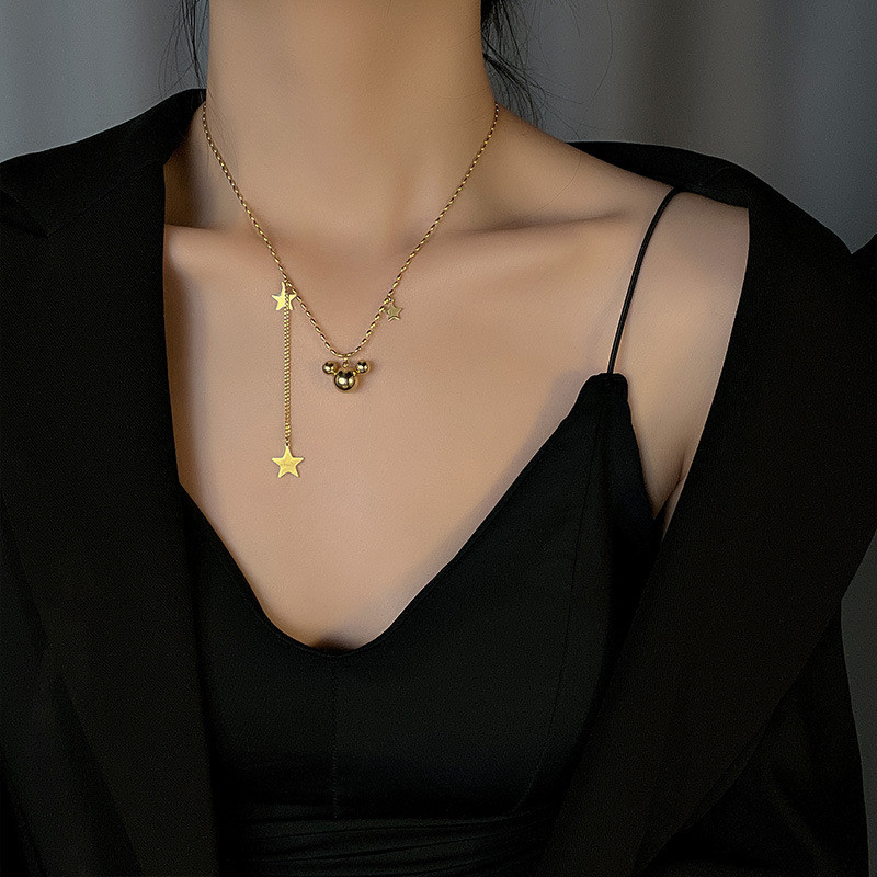 Cross-Border Hot-Selling French Minimalist Style Steel Bead Mouse Head Pentagram Necklace Collarbone Chain Titanium Steel 18k Jewelry Set