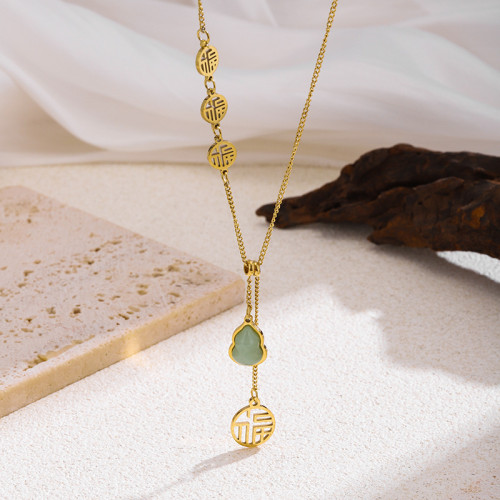 New Fortune Brand Necklace Auspicious Ruyi Gourd Pendant Chinese Style Elegant Titanium Steel Gold Fortune Character Hollow Jewelry Fortune and Prosperity