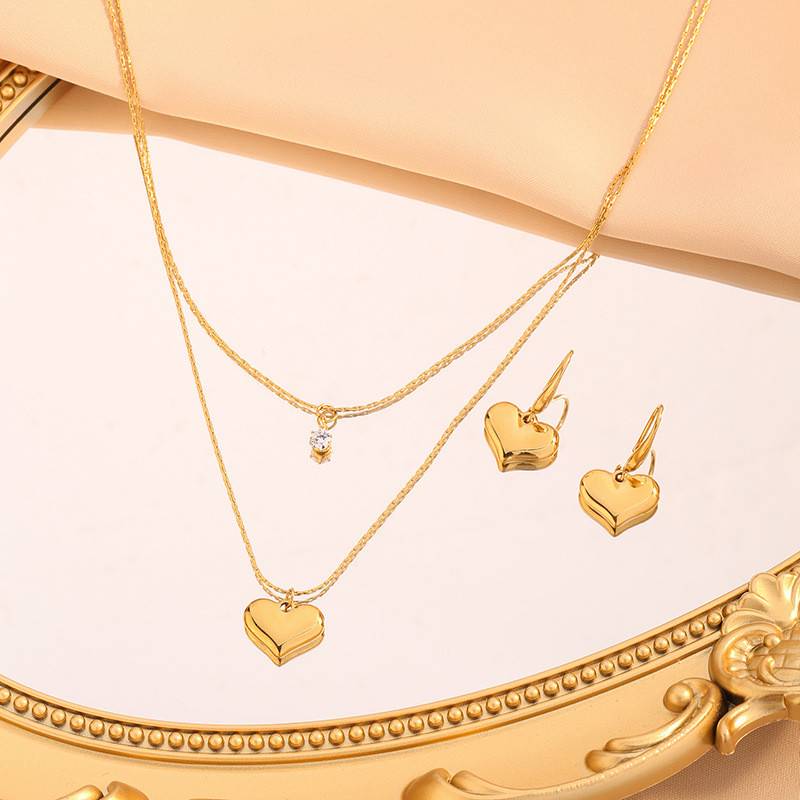 European and American Retro Fashion Elegant Simple New 18K Gold Heart Necklace for Women Ins Internet Celebrity Sweater Chain Earring Set