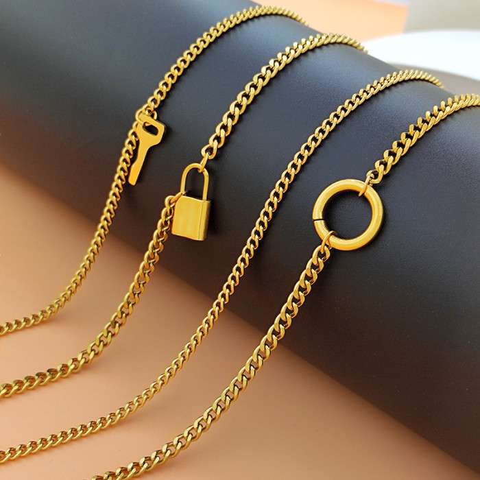 Retro Multi-layer Necklace Creative Fashion Round Ring Lock Sweater Chain Foreign Trade Personality Thick Chain Clavi...