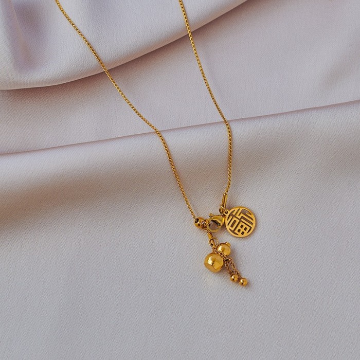 Chinese Style Lucky Gourd Tassel Titanium Steel Necklace for Women, Light Luxury High-end Design, Adjustable Clavicle...