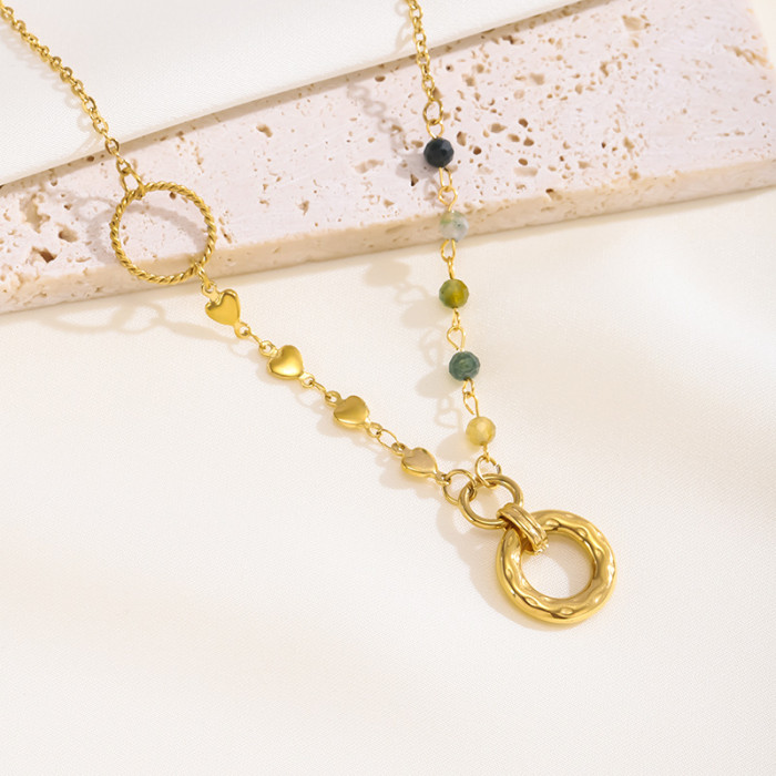 Cross-Border European and American Light Luxury High-End Beaded Splicing Stainless Steel Chain Round Pendant Gold Women's Versatile Necklace Trend
