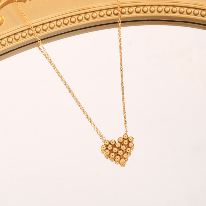 Korean Style Personality Trend Niche Popular Titanium Steel Gold Plated Heart Bead Necklace Earrings Jewelry Set Whol...