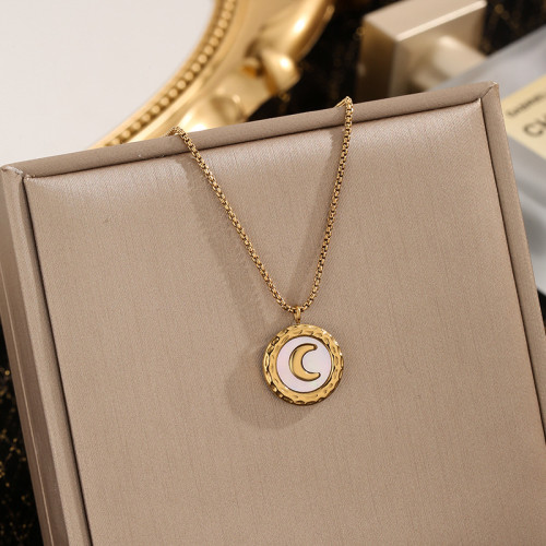 Titanium Steel Non-Fading White Mother-of-Pearl Round Pendant Moon Necklace for Women European and American Light Luxury High-End Clavicle Chain Ins Minimalist Style