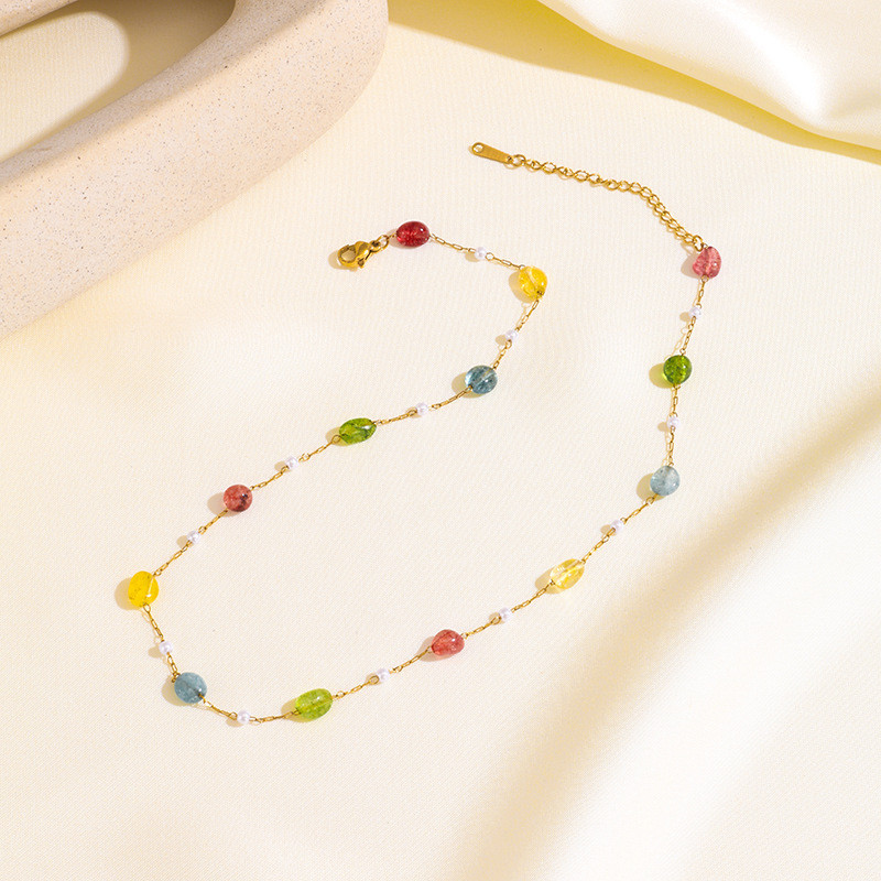 New Cross-border Fashion Personality Niche Titanium Steel Gold-plated Natural Stone Pendant Handmade Beaded Necklace Simple Jewelry for Women