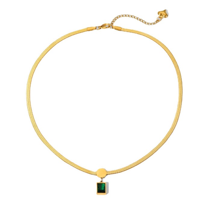 INS Style 18K Gold Stainless Steel Necklace Green Square Zircon Pendant Snake Chain Fashion Retro Earring Set, Jewelr...