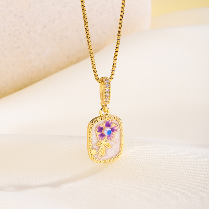 New Oil Painting Style Color-Block Three-Dimensional Inlaid Necklace Fashion Design High-End Light Luxury Versatile Glaze Flower Collarbone Chain