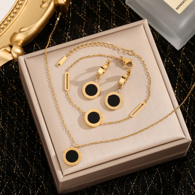 Cross-Border Foreign Trade 18K Gold Open Black Shell Roman Bracelet Necklace Earrings Women Versatile Non-Fading Jewelry Bracelet Women