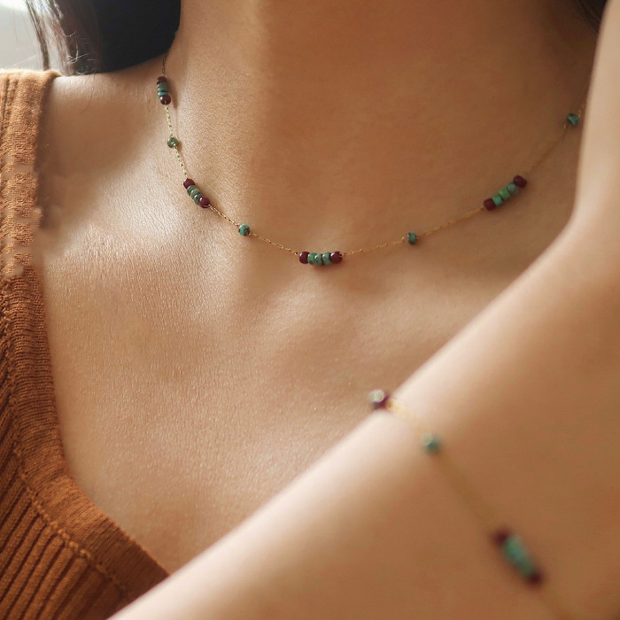 Light Luxury Antique Vintage Turquoise Pattern Glass Wine Red Color-Block Foreign Trade Beaded Titanium Steel Necklac...